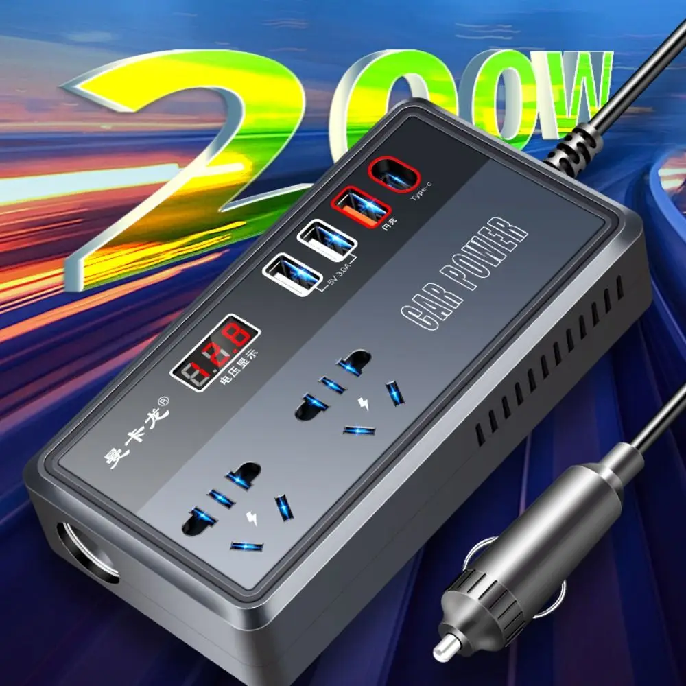 

Универсальный автомобильный инвертор DC 12В/24В в 220В с зарядным устройством QC 3.0 USB/Type C, цифровым дисплеем, мощностью 200Вт