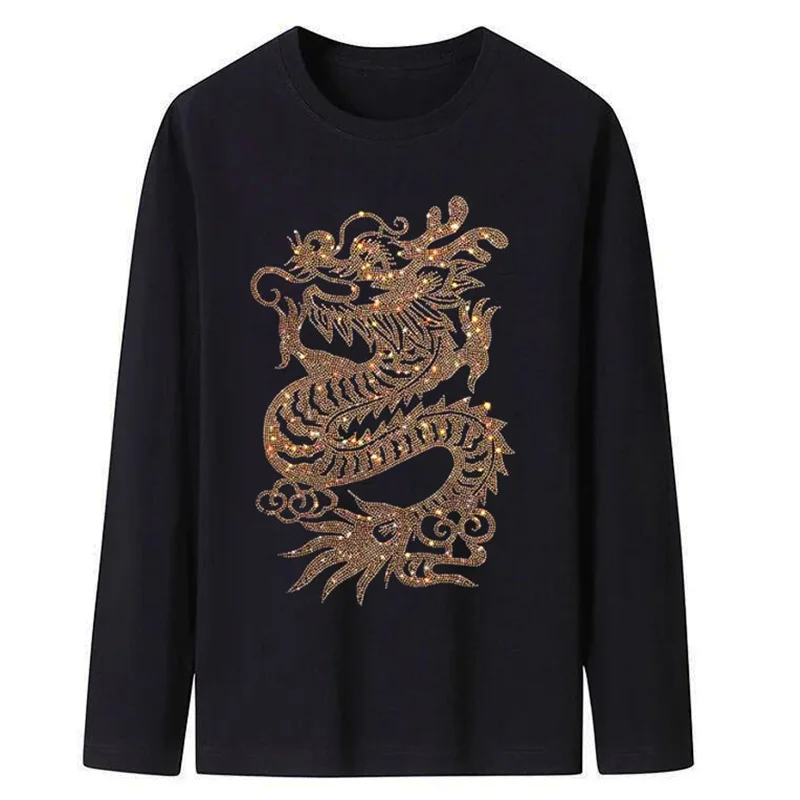 

IZEVUS Hot diamond Dragon pattern men's large loose long sleeve T-shirt Fashion casual long sleeve T-shirt