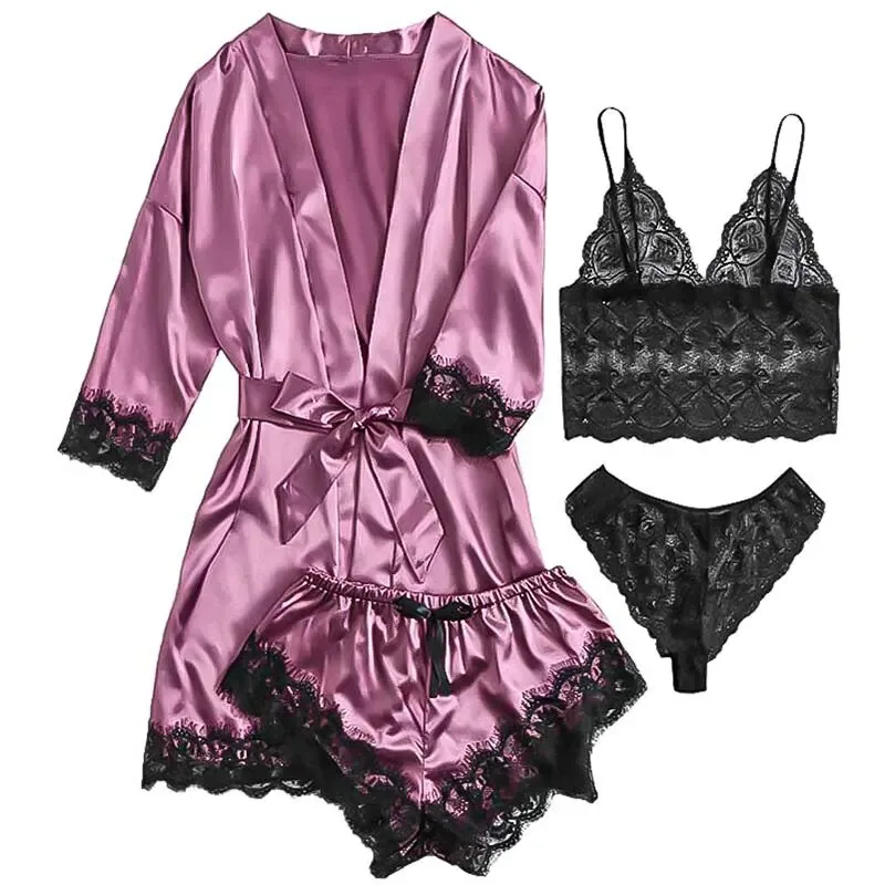 Women\'s Fashion Pajama Print Sexy Lace Trim Faux Silk Satin Pajama Set Gown Skin Friendly Comfort Loungewear Sexy Pajamas