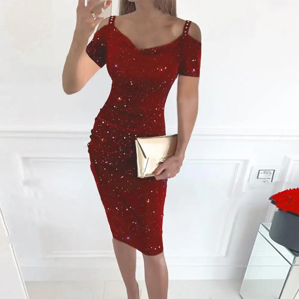 Off-the-shoulder Dress Elegant Rhinestone Embellished V Neck Mini Dress for Women Off Shoulder Hollow Out Party Club Dress