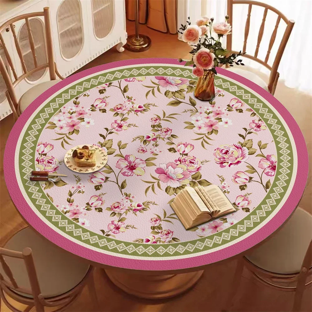 Household Round Table Mat Waterproof Oil-Proof No-Washable Tablecloth Pastoral Peony Printing Coffee Table Top Protective Mat