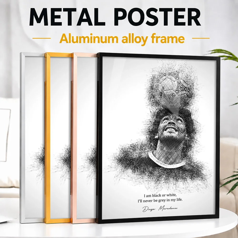 Maradona Argentina Framed Aluminum Metal Poster Personalized Sketch Drawing Wall Art For Home Office, Soccer Enthusiast Gift