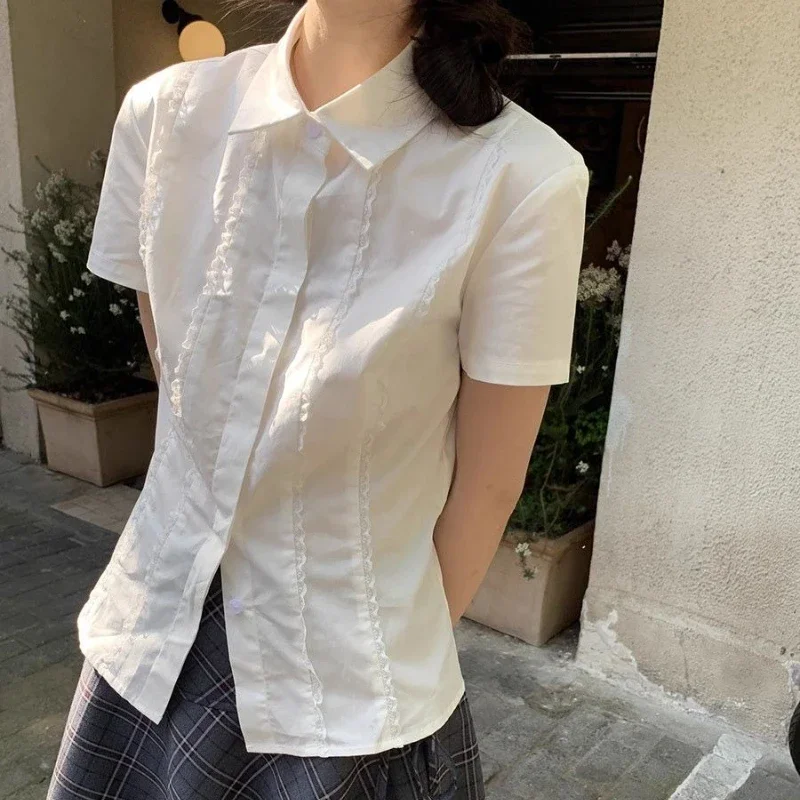 

Preppy Style White Blouses Women Kawaii Lolita Lace Tops Ruffle Shirts Japanese Summer Sweet Cutecore Vintage Shirts