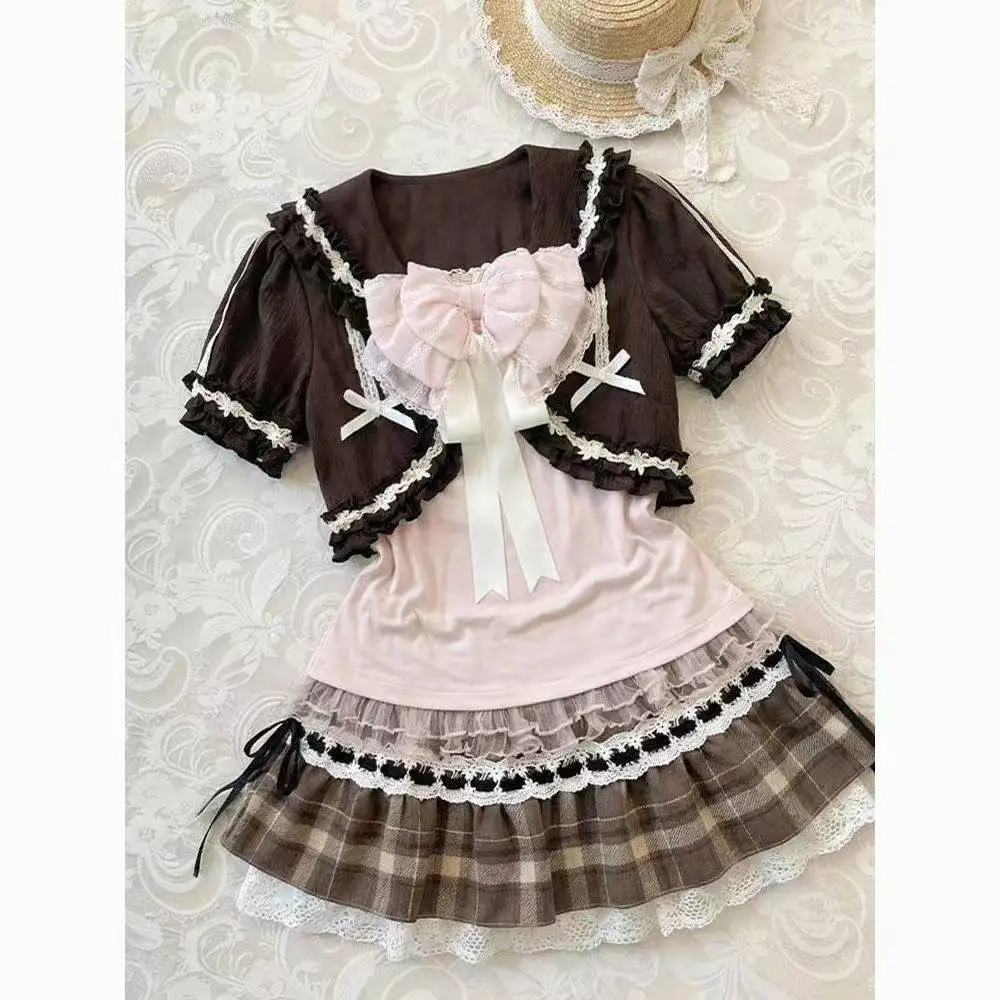 Y2k Sweet Japanese Outfits Women Vintage Lolita Ruffle Tops High Waist Skirt Suits Kawaii Casual 3 Piece Sets