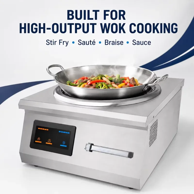 10kW Commercial Induction Cooker 380V Stainless Steel Concave Pot with 500mm Double Handle Wok