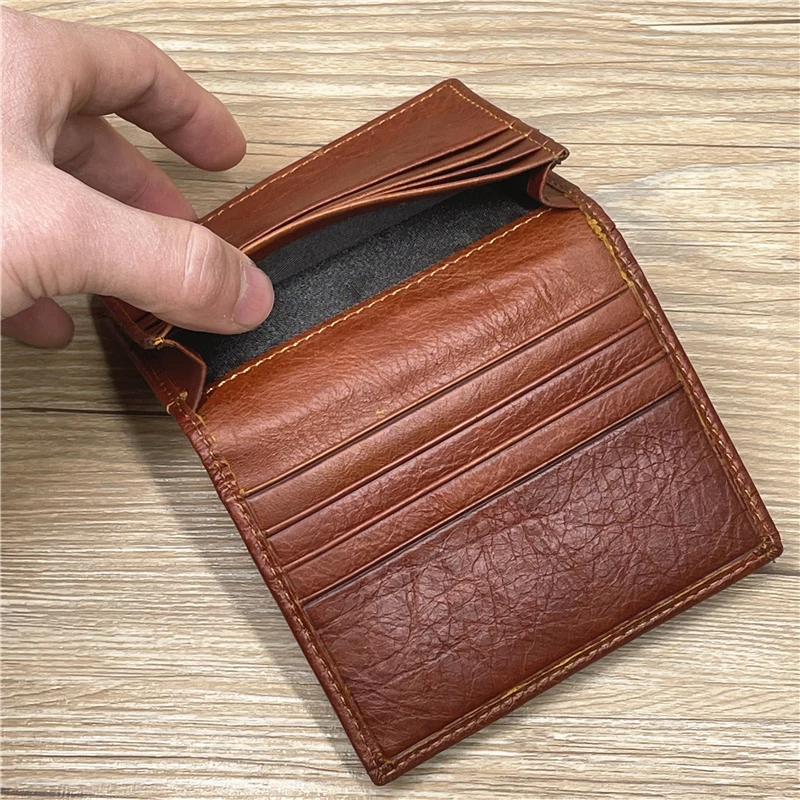 Titular do cartão de couro genuíno para homens masculino couro real vintage curto bifold caso de cartão de crédito de negócios carteira com janela de identificação