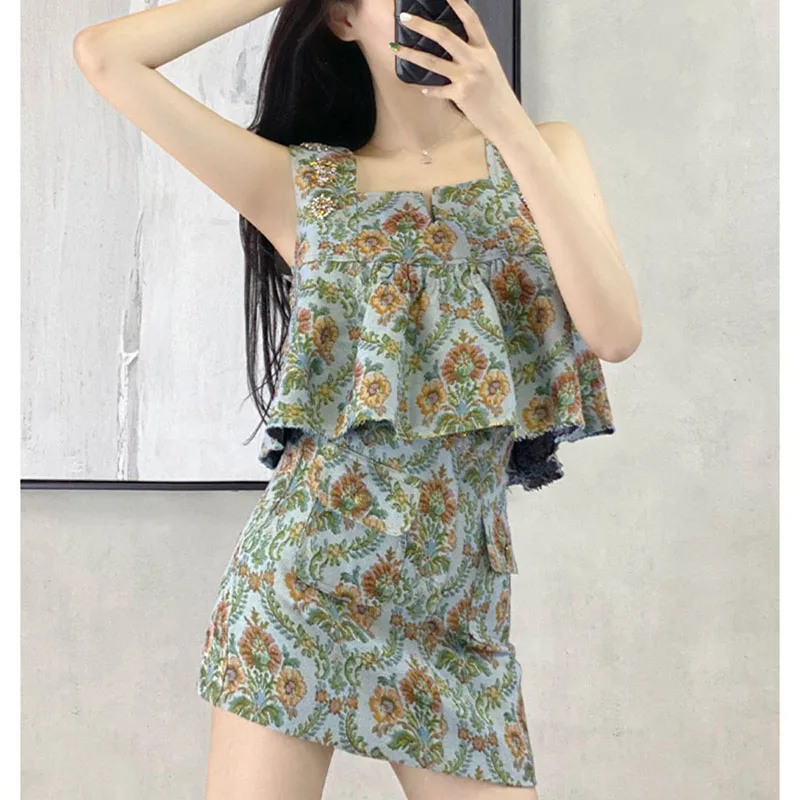 

Korean Y2k Casual Fashion Print Skirts Sets Women Harajuku Vintage 2 Piece Sets Womens Outfits High Waisted Skirts Summer Suits