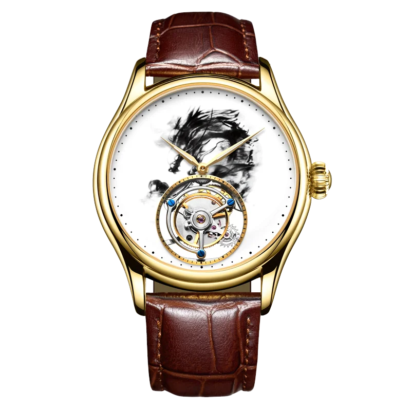 AESOP Flying（manual 7011G）Men Tourbillon Watch Dragon Ink Painting Skeleton Mechanical, 3D Hollow Carving, Sapphire Mirror