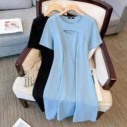 150Kg Plus Size Women's Bust 146 Summer Loose Double Neck Short-Sleeved Waist Dress Black Blue 3XL 4XL 5XL 6XL 7XL 8XL