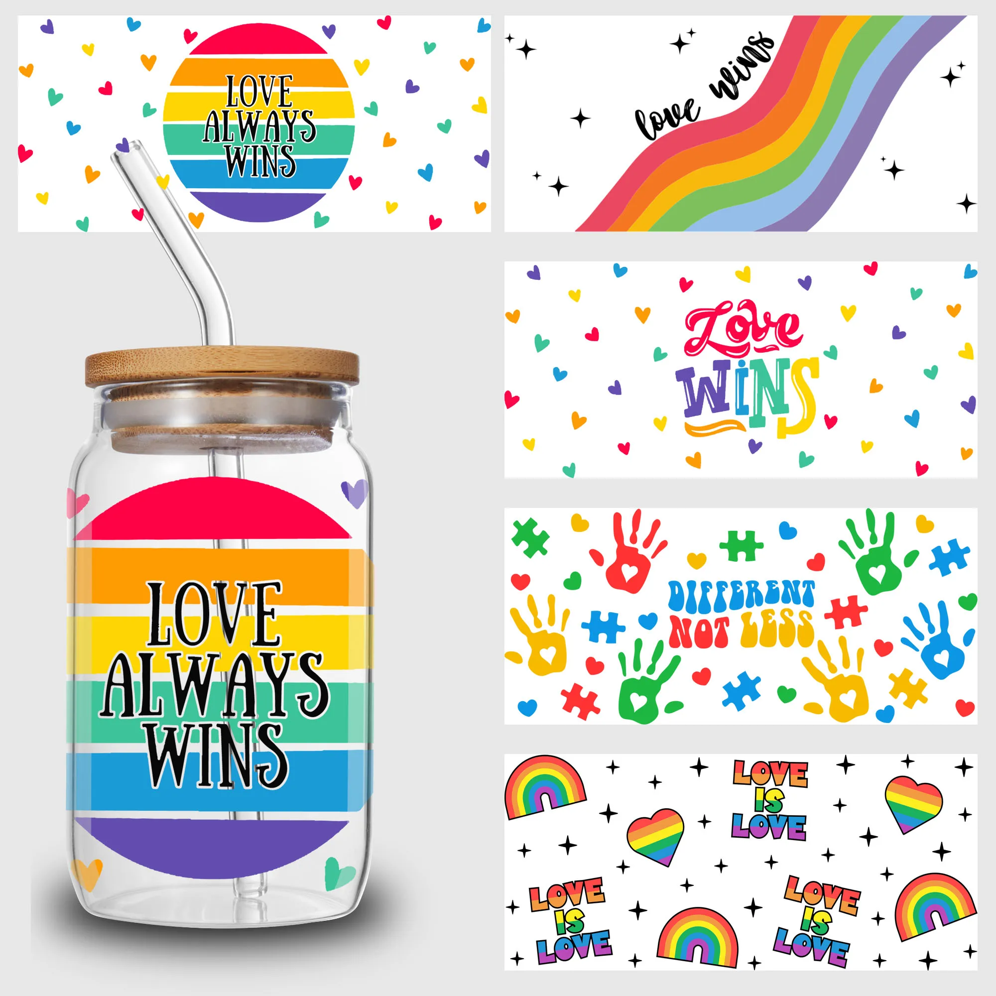 

5 sheets love UV DTF cup stickers, glass sports DTF transfer stickers, waterproof LGBT wipe transfer paper for 16 oz glass, mugs