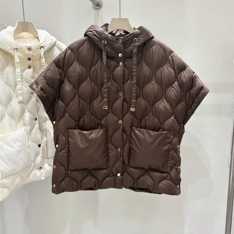 Frauen Weiße Ente Unten Lose Warme Weste Weibliche Einreiher Tasche Weste Outwears Herbst Winter Chic Feste Kapuze Unten Weste