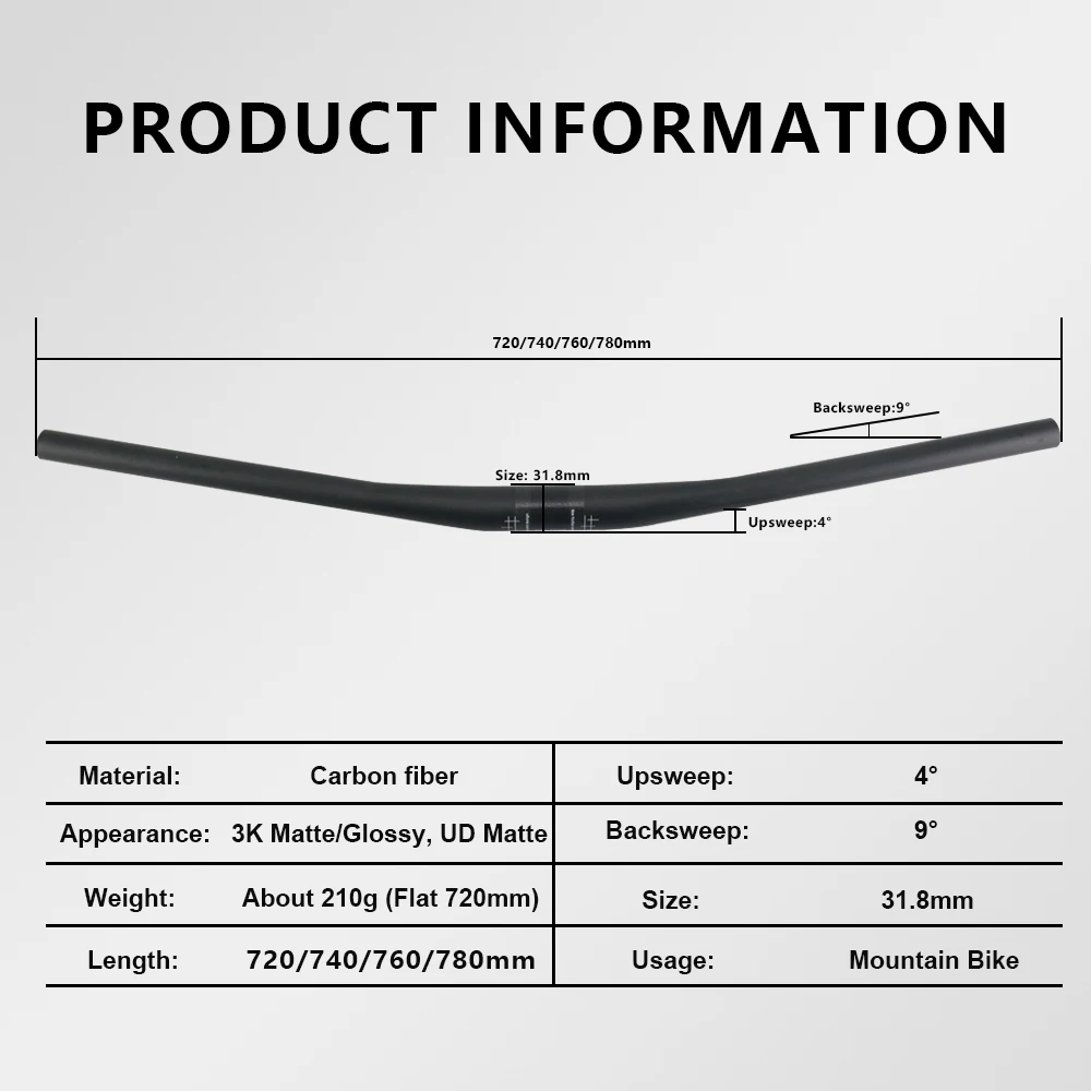 RXL SL 9 Degree Carbon Handlebar for Mtb Bicycle Handlebars 31.8mm*720/780mm UD Matte Flat Mountain Bike Handle Bar Accessories