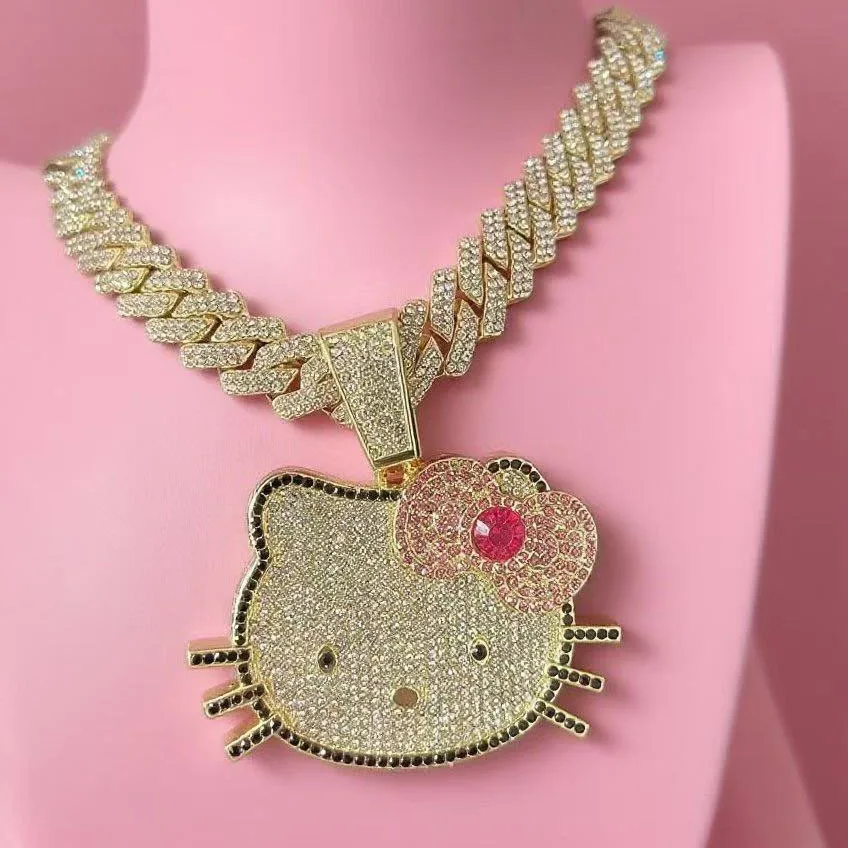 

Fashion Kawaii Hello Kitty Necklace, Diamond Anime Pendant Cuban Chain, Hip Hop Accessories, Girl Gifts