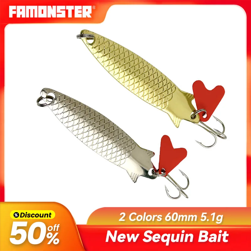 

5.1g Famonster Fishing Lure Carp Bass Baits Metal Slow Jig VIB Hard Fast JIG Sinking Trolling Spoon Hook Sequins Spinners Pike