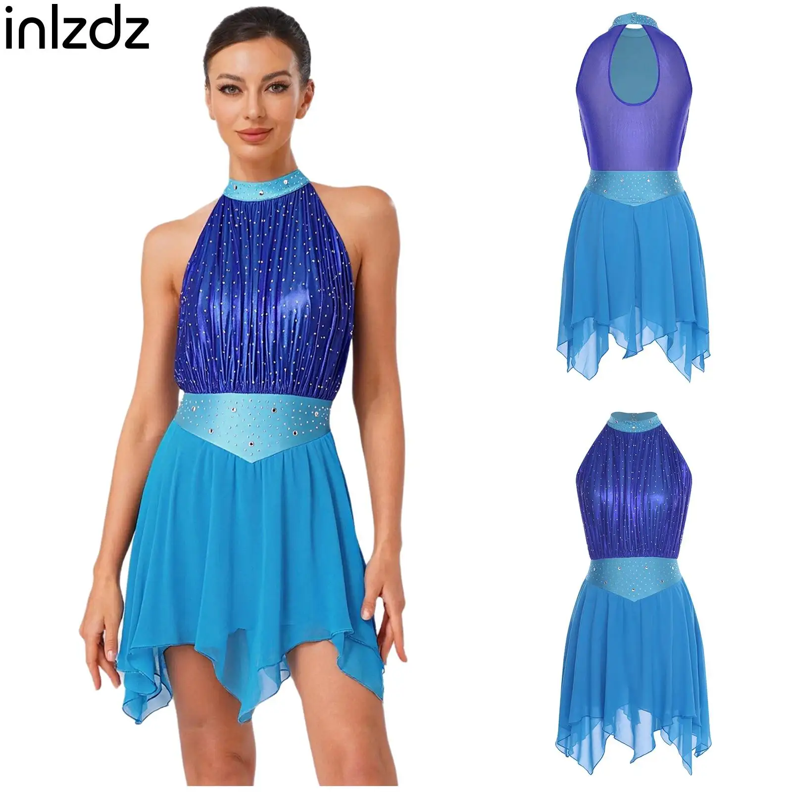 

Shiny Rhinestone Modern Lyrical Dance Dress Womens Sheer Mesh Leotard Dancewear for Ballet Gymnastics Figure Skating Performance