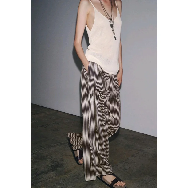 Pantaloni casual in misto viscosa a righe larghe americane da donna della nuova estate Pantaloni a gamba dritta vestibilità ampia a vita media