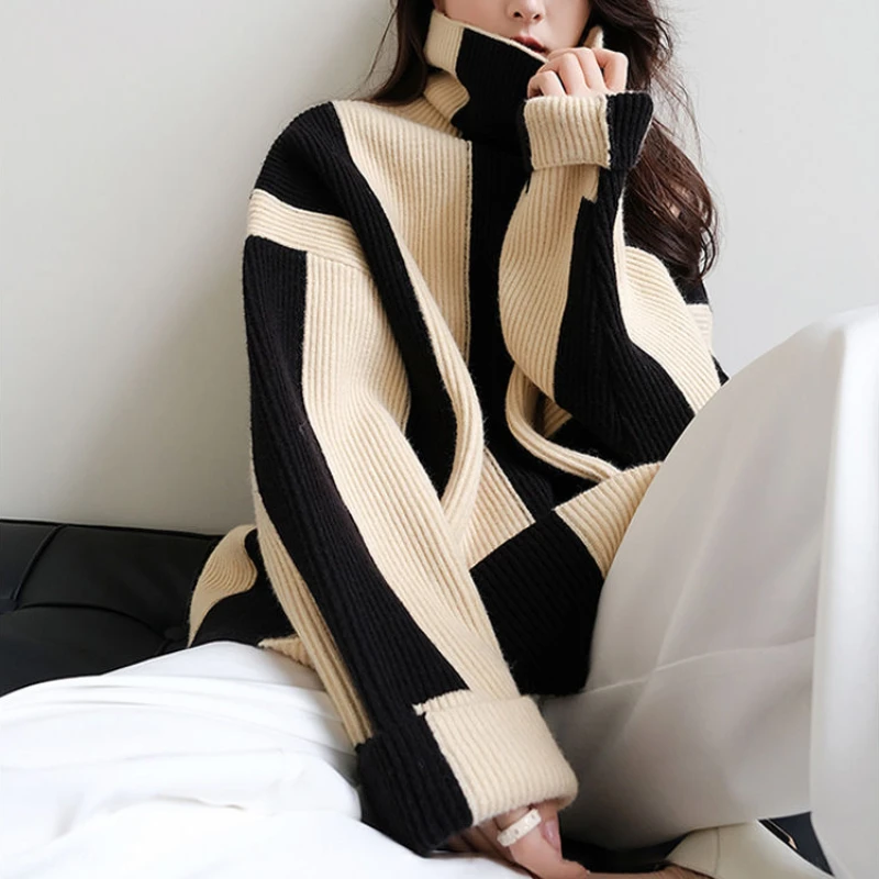 Turtleneck Pullovers Women Striped Thicker Home Long Sleeve Knitting Tops Casual Sweaters Fall Winter All-match Cozy Keep Warm