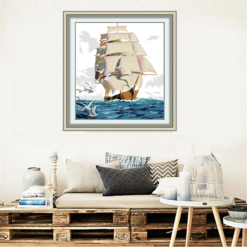 

Sailboat cross-embroidered drawing in living room, 11CT/14CT hand-embroidered