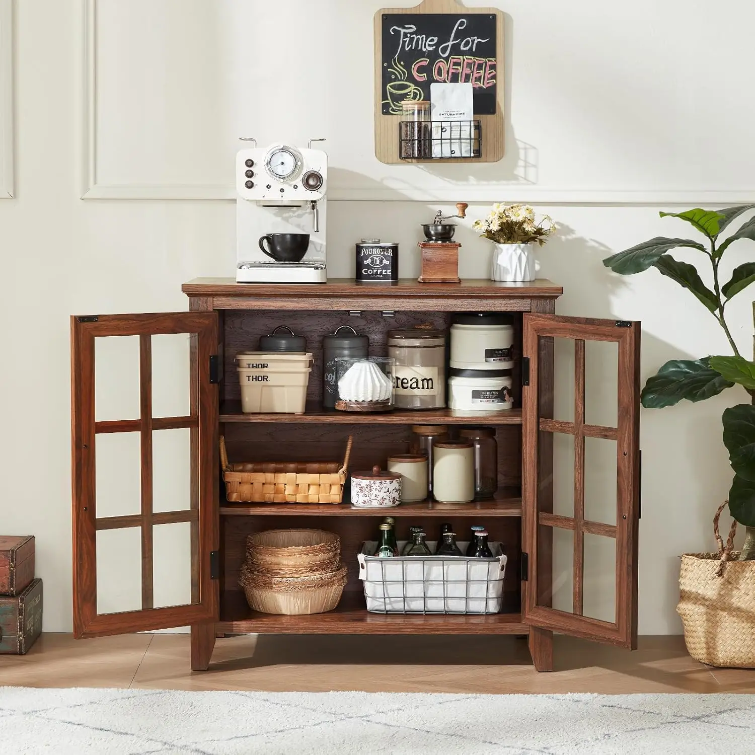 Коричневый буфет в фермерском доме 32 фута с 2 стеклянными дверями, современный шкаф из дерева века для столовой или гостиной