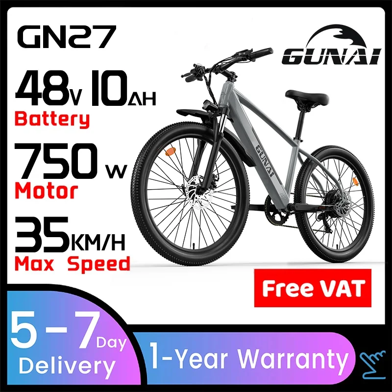 GUNAI 750W Electric Bicycle Brushless Motor 27.5Inch Off-road Tire with 48V 10Ah Battery Mudguard Adult Mountain Ebikes EU Stock