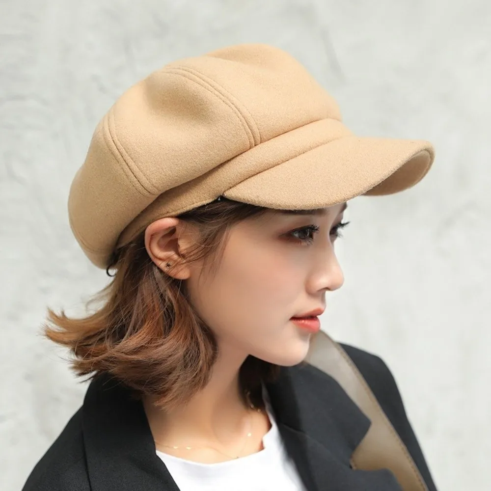 

Vintage Solid Color Woolen Octagonal Hat Ear Protection Keep Warm British Berets Thick Korean Style Painter Caps Travel