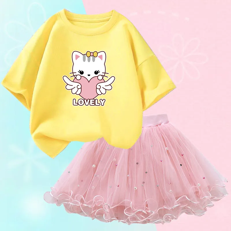 3-14y Children Girl Party Clothes Set Cute Kitty Cat Short Sleeve T-shirt + Tutu Skirt 2PCS Summer Girl School Outfit