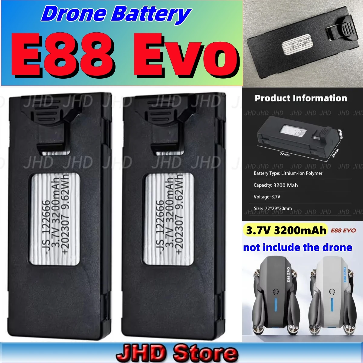 Denash Batería de Litio para Drones RC de 3,7 V, 2600 MAh, para Mini Drones E88, Batería de Alta Capacidad para Reemplazo Denash Batería de Litio para Drones RC de 3,7 V, 2600 MAh, para Mini Drones E88, Batería de Alta Capacidad para Reemplazo