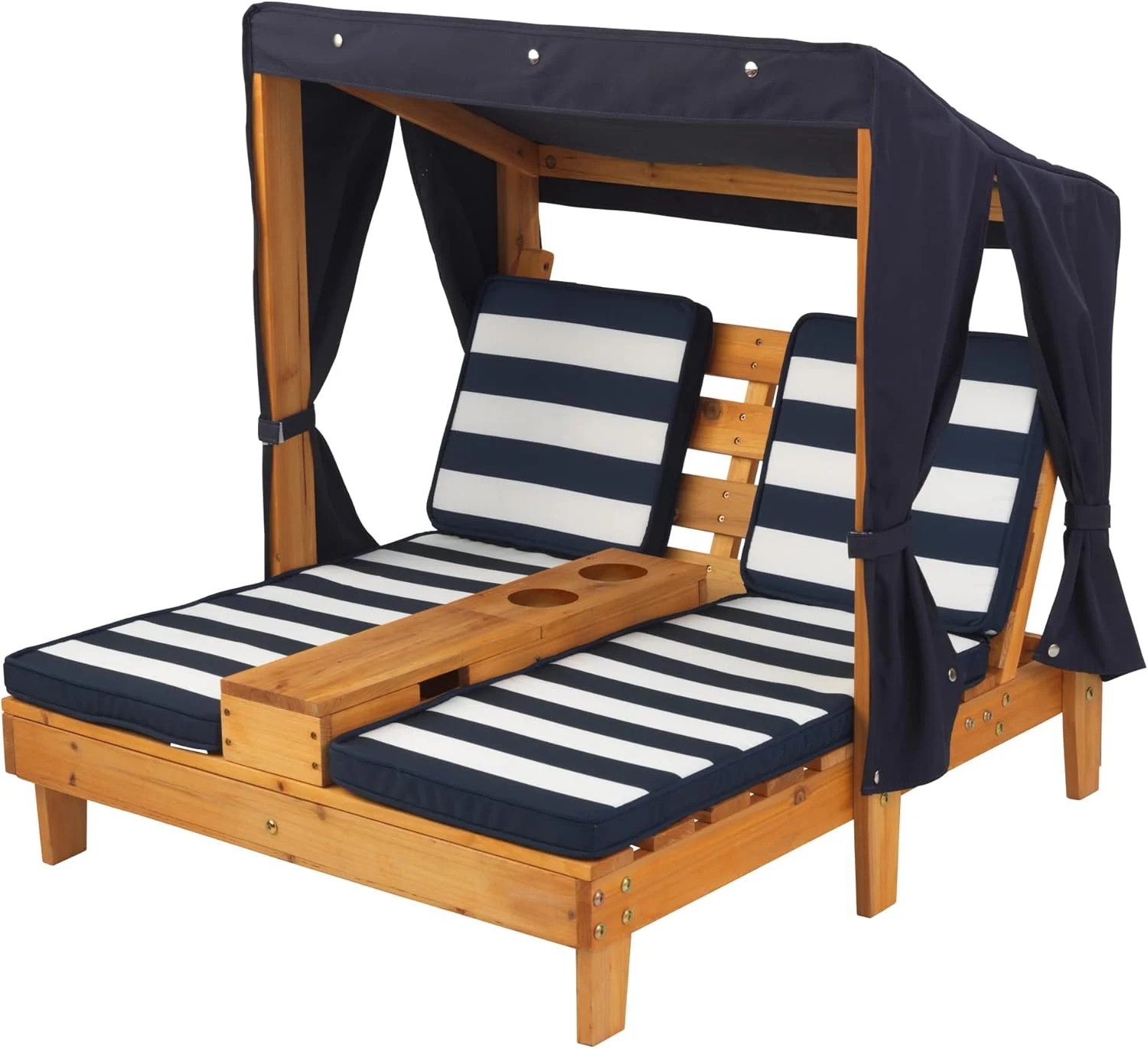 

Wooden Outdoor Double Chaise Lounge with Cup Holders, Kid's Patio Furniture, Honey with Navy and White Striped Fabric