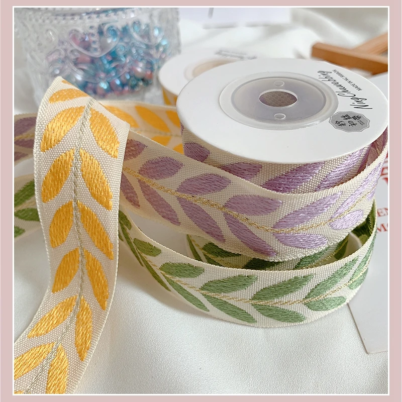 Leaf Embroidery With Ribbon Bouquet Packaging Ribbon Diy Material Webbing Sewing Ribbon Belt For Bag 25mm