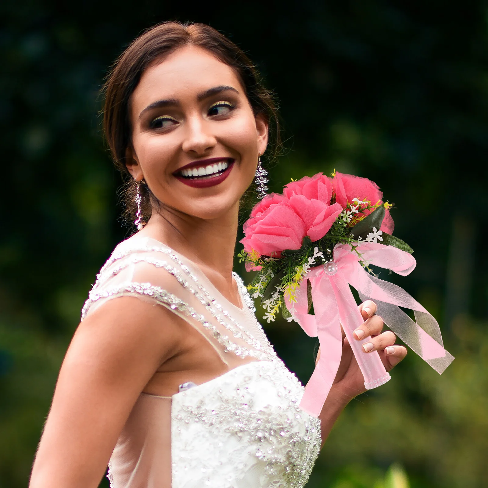 

Pink Artificial Rose Flower Bouquet Bridal Wedding Handheld Satin Ribbon Bridesmaid Lightweight Elegant Romantic Dreamy