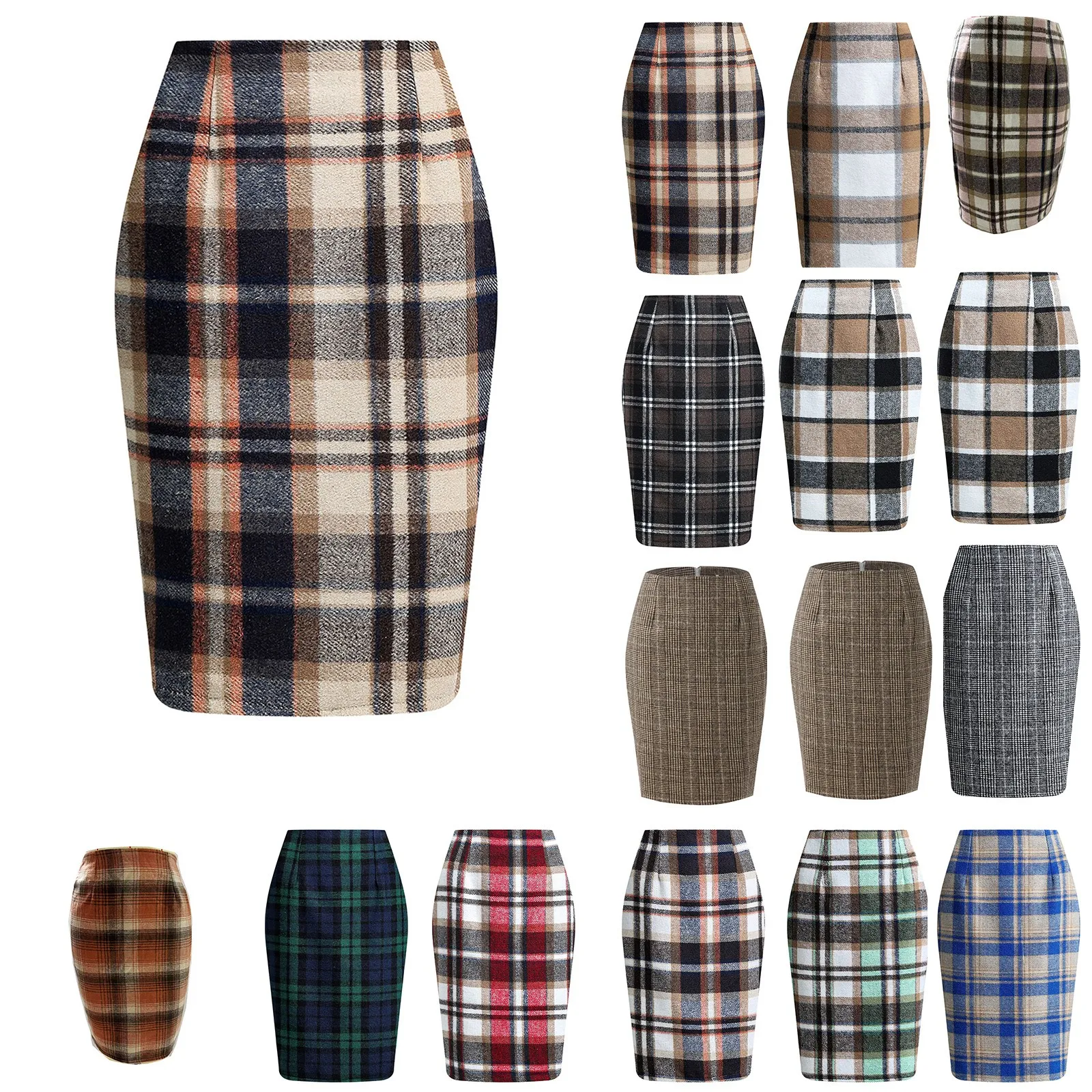 Autumn Winter Pencil Plaid Skirts For Women High Waist Bodycon Knee Length Wool Skirt With Slit Checked Casual Daliy Skirts New