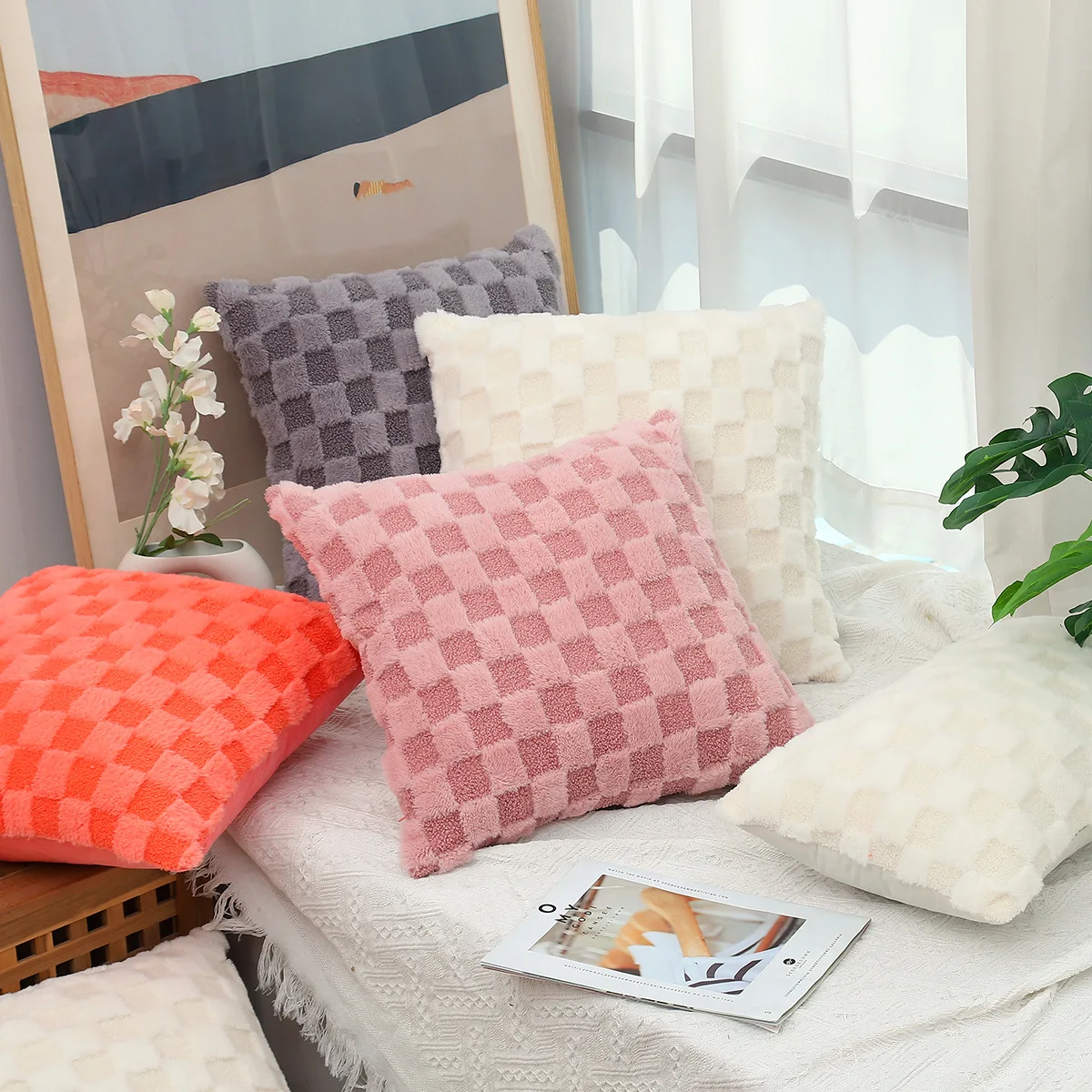 

Modern Minimalist Plush Small Square Grid Pillowcase Sofa Bed Headrest Cushion Cover Home Decorative Pillow Slipcover