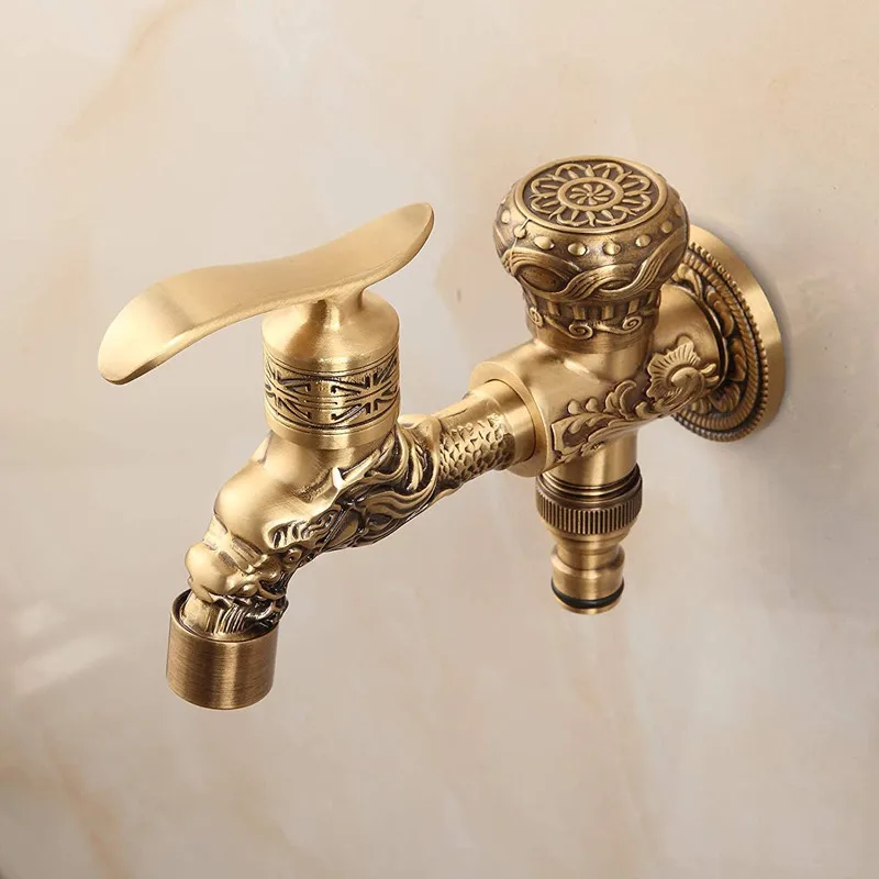 Antique Brass Washing Machine Faucet Bathroom Balcony Outdoor Garden Mop Pool Small Tap Single Cold G1/2 Wall Mounted Carved New