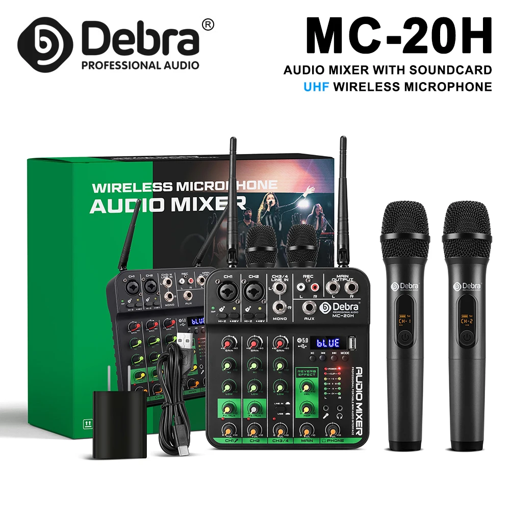 MC-20H UHF 4-channel audio mixer with wireless microphones, Bluetooth 5.0, USB, 48V phantom power for karaoke, recording studio