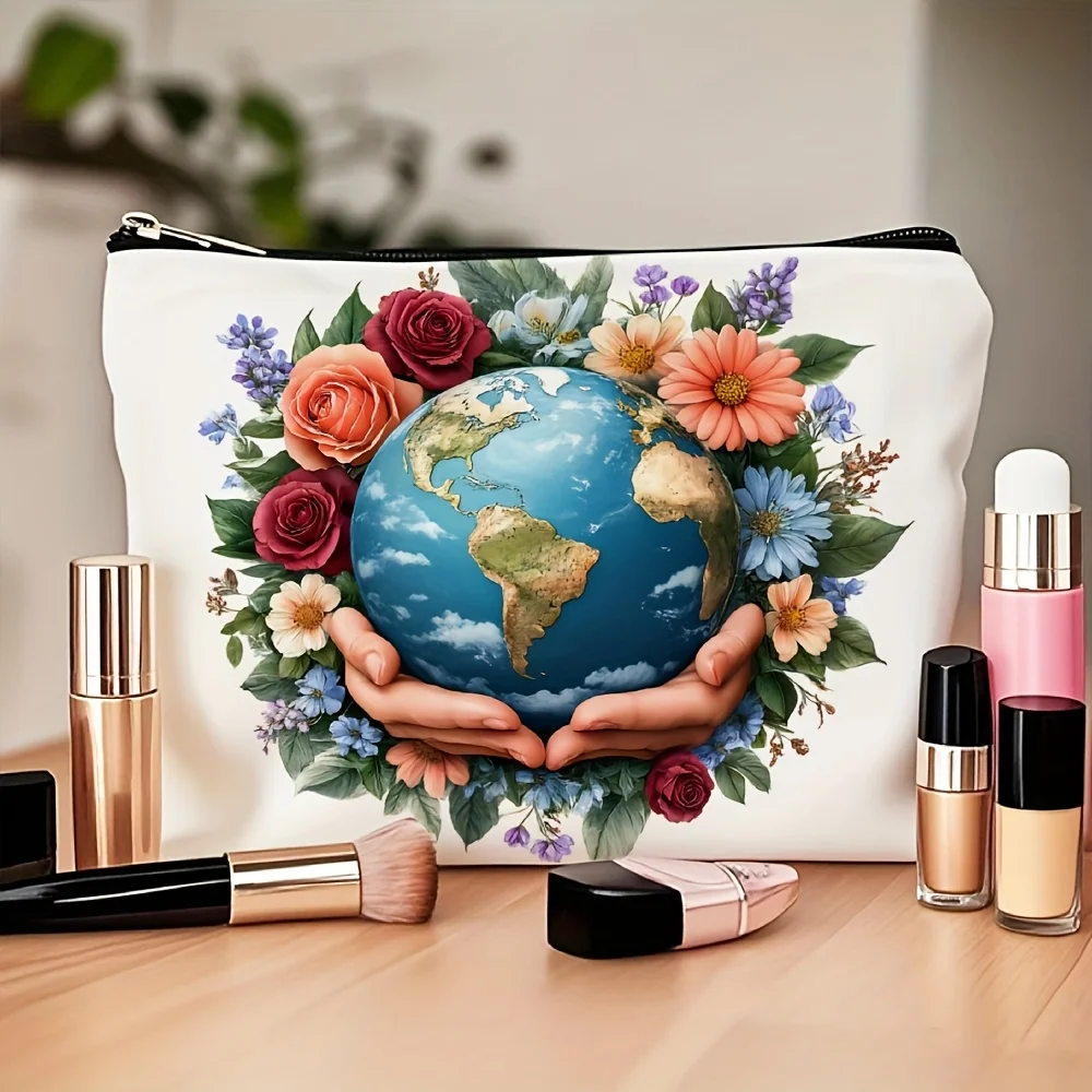 Un sac de maquillage Terre et floral - pochette multifonctionnelle à fermeture éclair, sac de rangement de bijoux, petit sac de rangement à fermeture éclair de voyage parfait.
