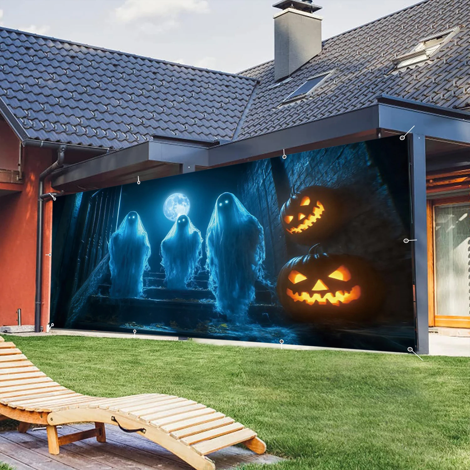 Halloween Garage Door Background Dark Blue Full Moon Night Pumpkin Lantern Ghost Garage Wall Frames For Outdoor Courtyard Decor