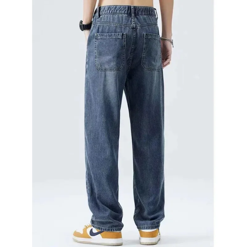 جينز رفيع للرجال لمحبي الهواء الطلق يؤرخ ارتداء سحاب مفتوح المنشعب مستقيم واسع الساق السراويل الصيف