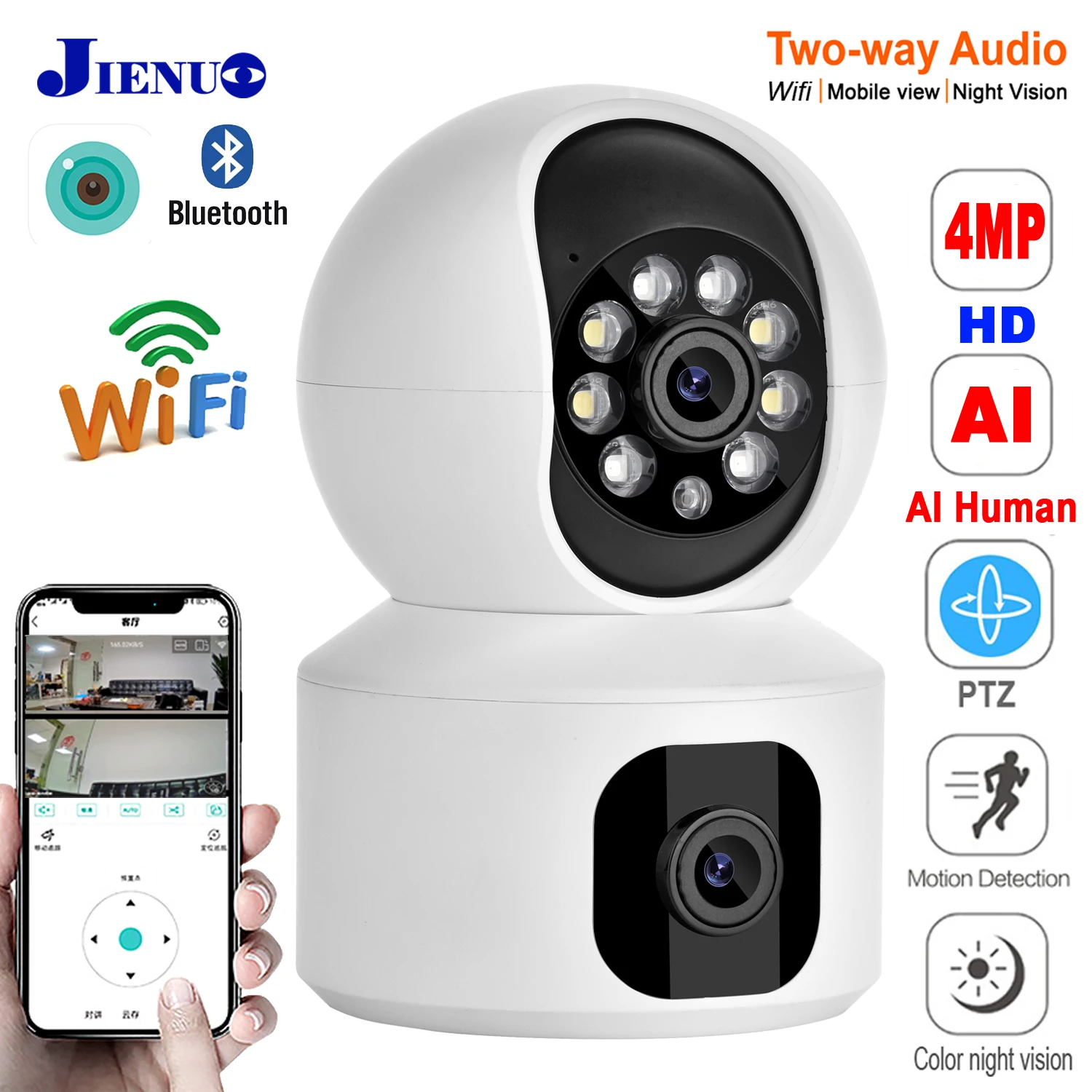 

JIENUO 4MP PTZ Wireless Ip Camera Double Lens Auto Track Cctv Security Full Color Mini Dual Screen Baby Monitor Wifi HD Home Cam