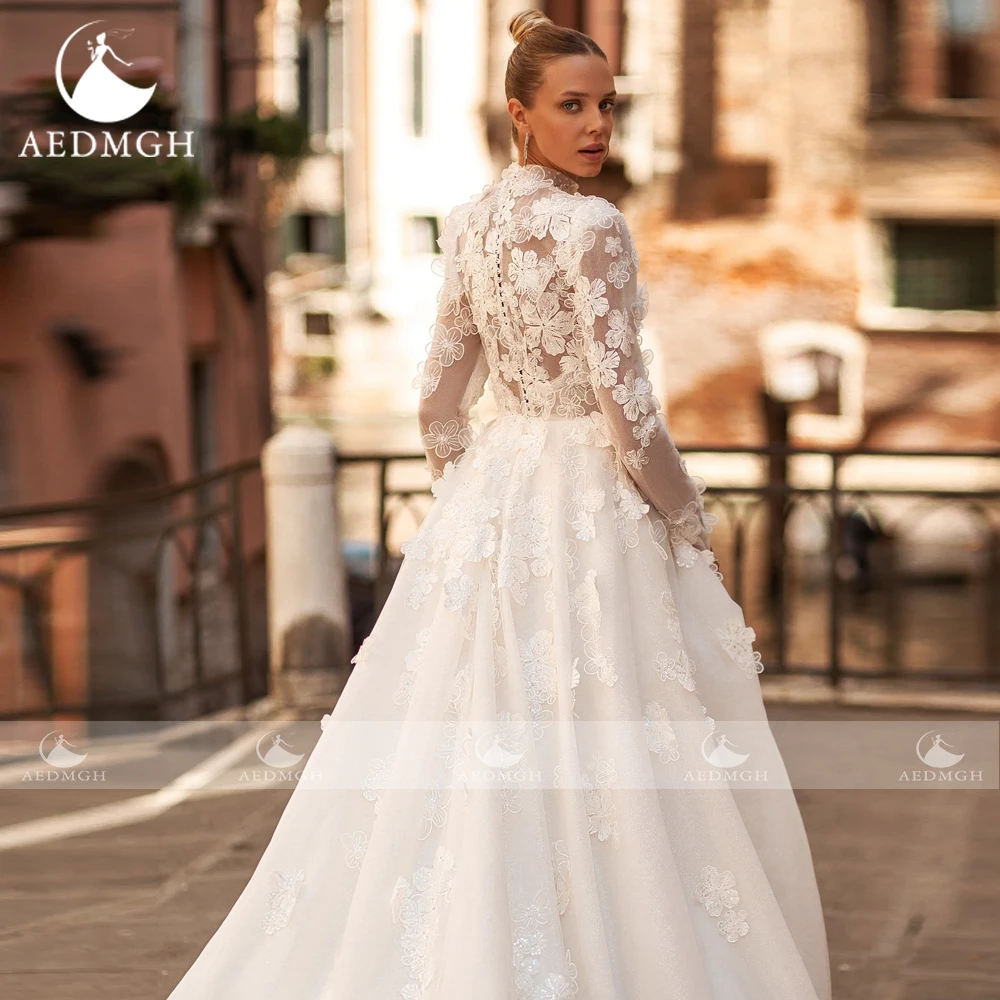 Aedmgh A-Line Elegant Wedding Dresses High Neck Long Sleeve Vestido De Novia Lace Appliques Flowers Chic Custom Made Bridal Gown