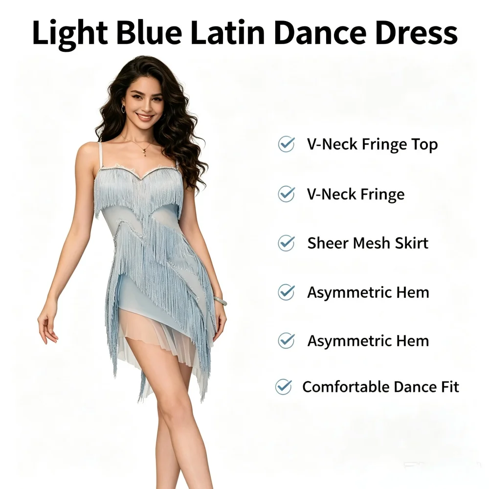Adult Female Latin Fringe Dance Dress Irregular Tulle Hem Backless Design ChaCha Rumba Stage Performance Dance Outfit view 3