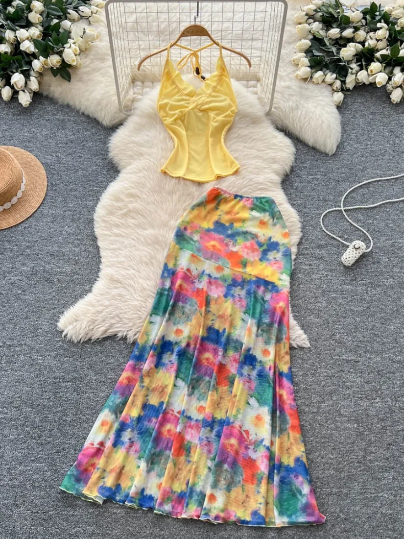 

Foamlina Sexy Printed 2 Pieces Set Women Summer Fashion Yellow Halter Sleeveless Camis Top + Elastic Waist Mesh Long Skirt Suits