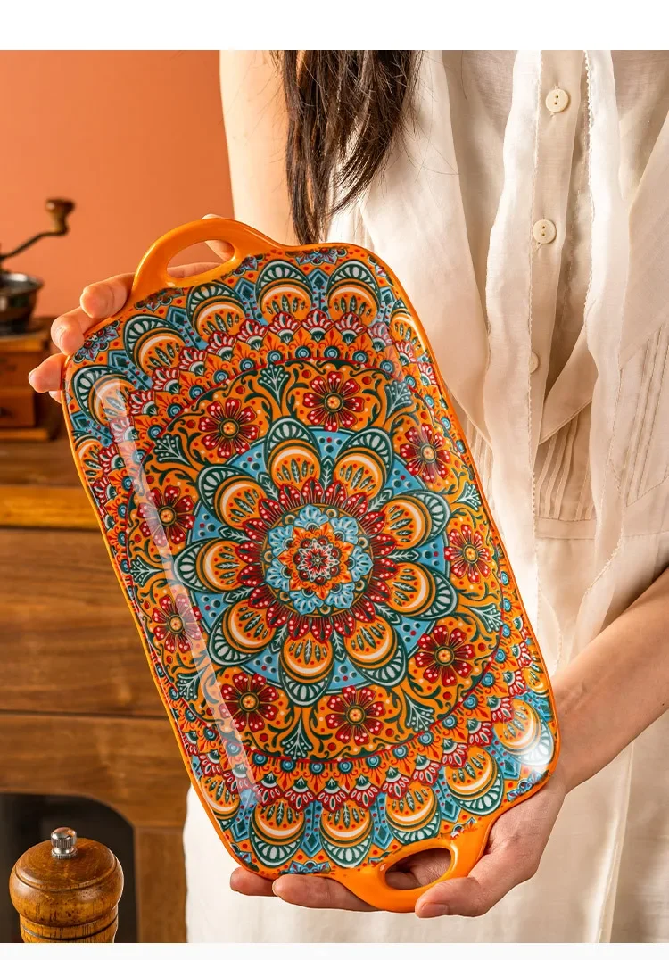 

13in Bohemian double-eared fish plate household steamed fish plate large rectangular fish serving plate ceramic vegetable plate