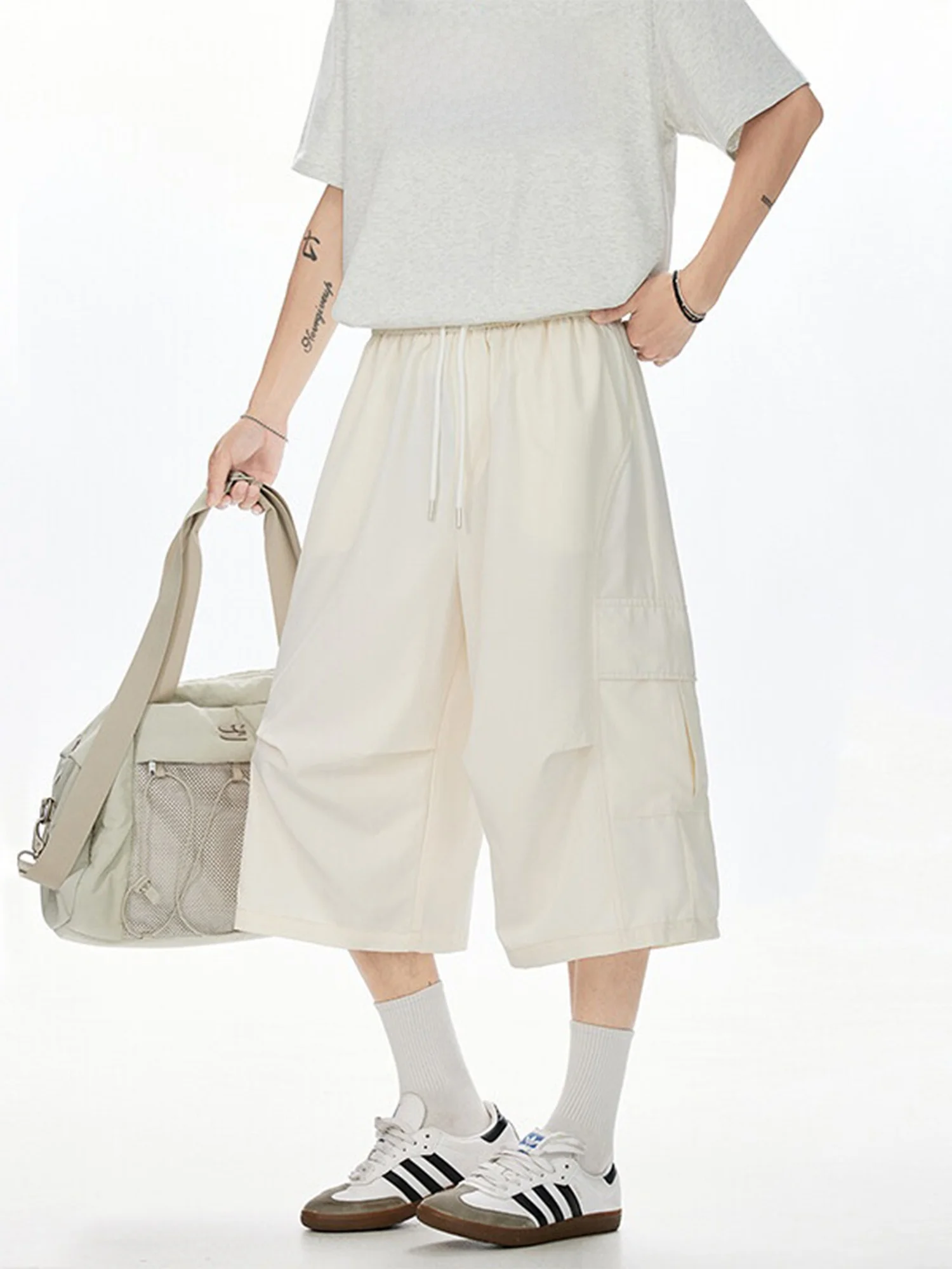 

Мужская летняя рабочая одежда из тонкого ледяного шелка, повседневные свободные прямые брюки, повседневные брюки с широкими штанинами, длина 7/8