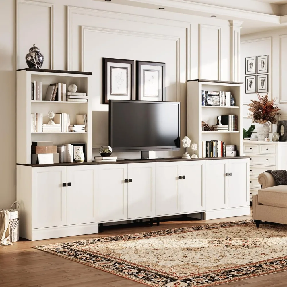 5단 조절 가능한 앤티크 화이트 우드 책장, 수납 캐비닛 포함, 가정 및 사무실용 높은 독립형 책장