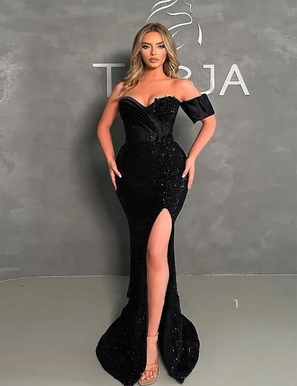 Elegante preto longo querida lantejoulas sereia vestidos de baile formais vestidos de noite com alta fenda frontal feminino robe