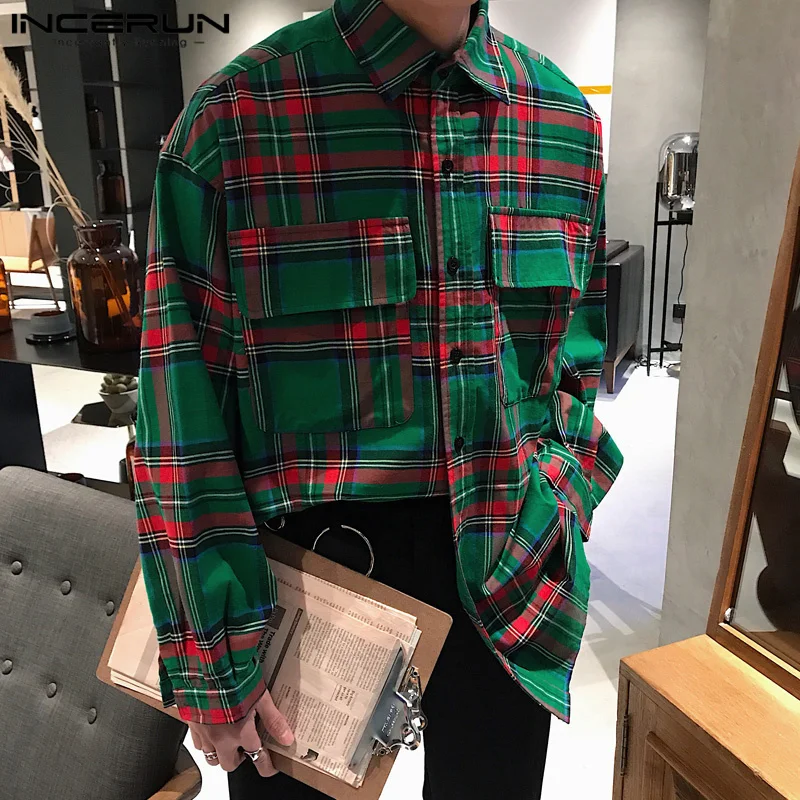 Fashion Casual Style Tops INCERUN New Men Plaid Contrast Color Splicing Shirts Handsome Male Hot Sale Long Sleeved Blouse S-5XL