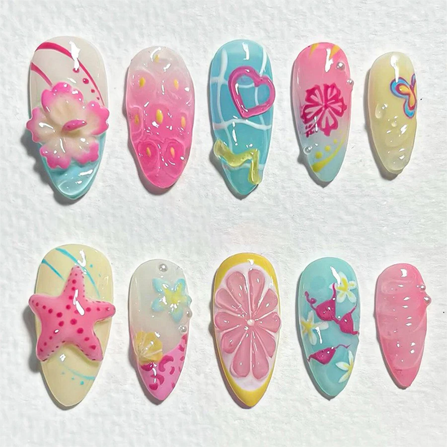 30-Piece Set of Summer Ocean-Themed Wearable Nails, Flower, Starfish, Heart Gradient Detachable Fake Nails, Includes Jelly Glue + Nail File, Fresh Manicure Stickers