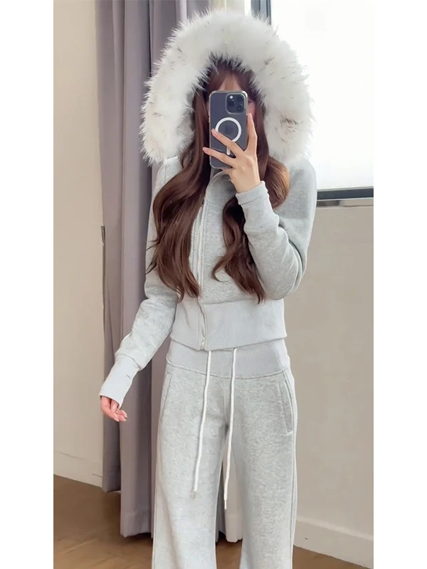 

Autumn Winter Sport Sle Slim Fit Hooded Long Sve Sweatirt Jaet Elastic Waist Wide Leg Pants Women's Faion Set