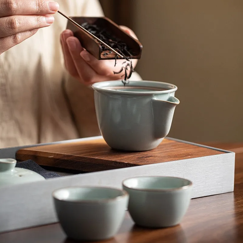 Ru Kiln Convenient Tea Cup Set Azure a Pot of Two Portable Travel Hand-Held Teapot Present for Client Gift
