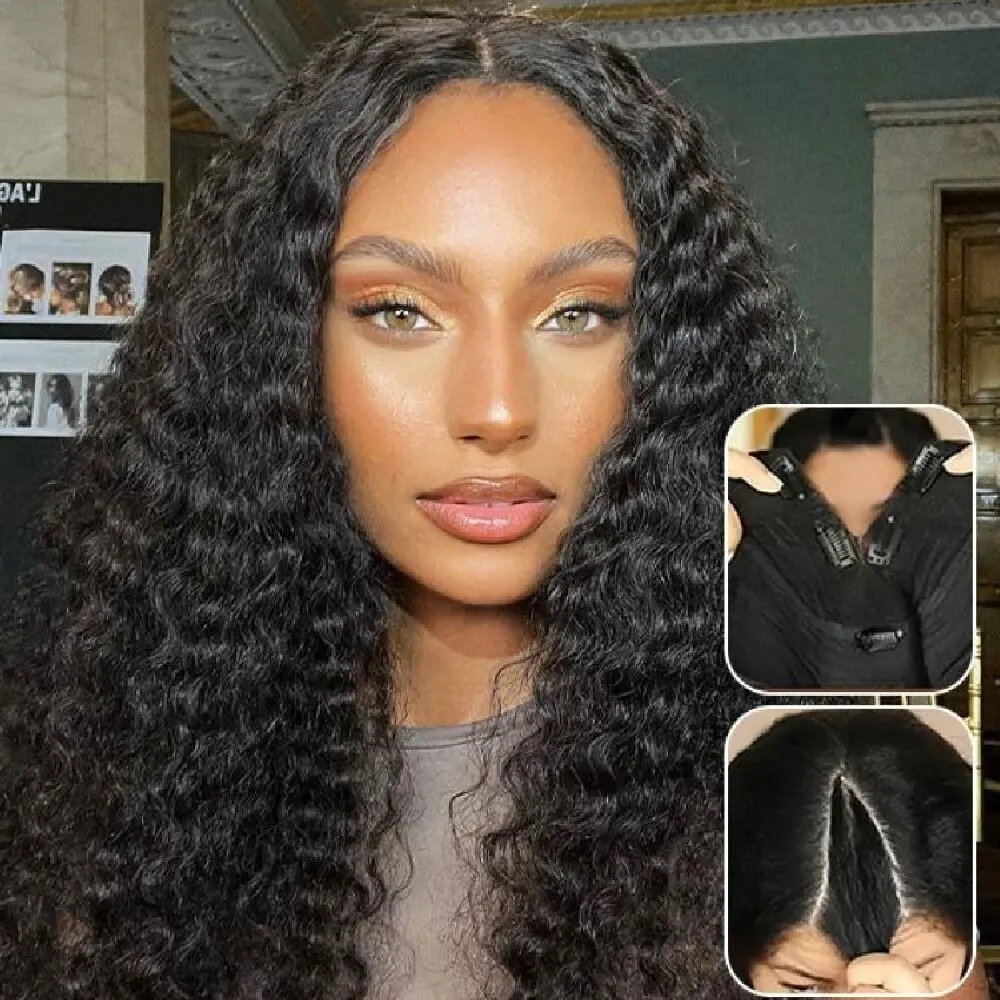 32 Inch Natural Black Deep Wave V Part Wig Gluelesss Upgrade U Part Wigs 250% Density Brazilian Human Hair Wig